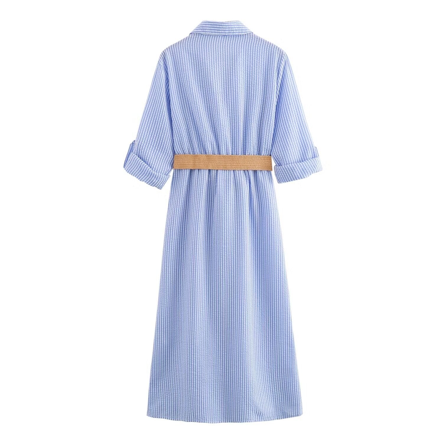 Frauen - Gestreiftes Hemdblusenkleid - Leichte Baumwollmischung - Stilvolle Freizeitkleidung für Frauen